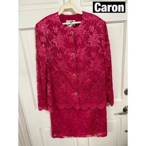 Caron,‎ Sz 10 Vintage Pink Lace, 2 Piece set, Blazer and Skirt. 1980 Made…